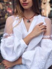 Чарівна лляна жіноча вишиванка з органзою, біла