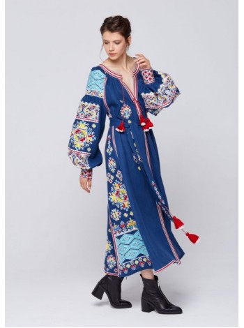 Синя лляна сукня, довга