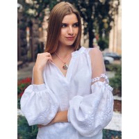 Чарівна лляна жіноча вишиванка з органзою, біла