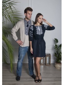 Gray embroidery and dark blue linen dress Pair2