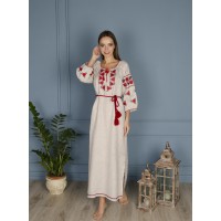 Серое льняное платье с вышитыми цветами, длинное